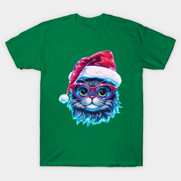 Neon  Christmas Cat Holiday Art T-Shirt by Mojitojoe